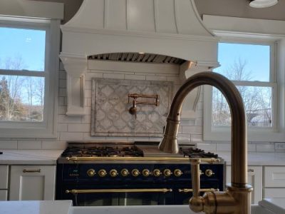 Backsplash, Custom-Built Range Hood and Gooseneck Sink Faucet Installation